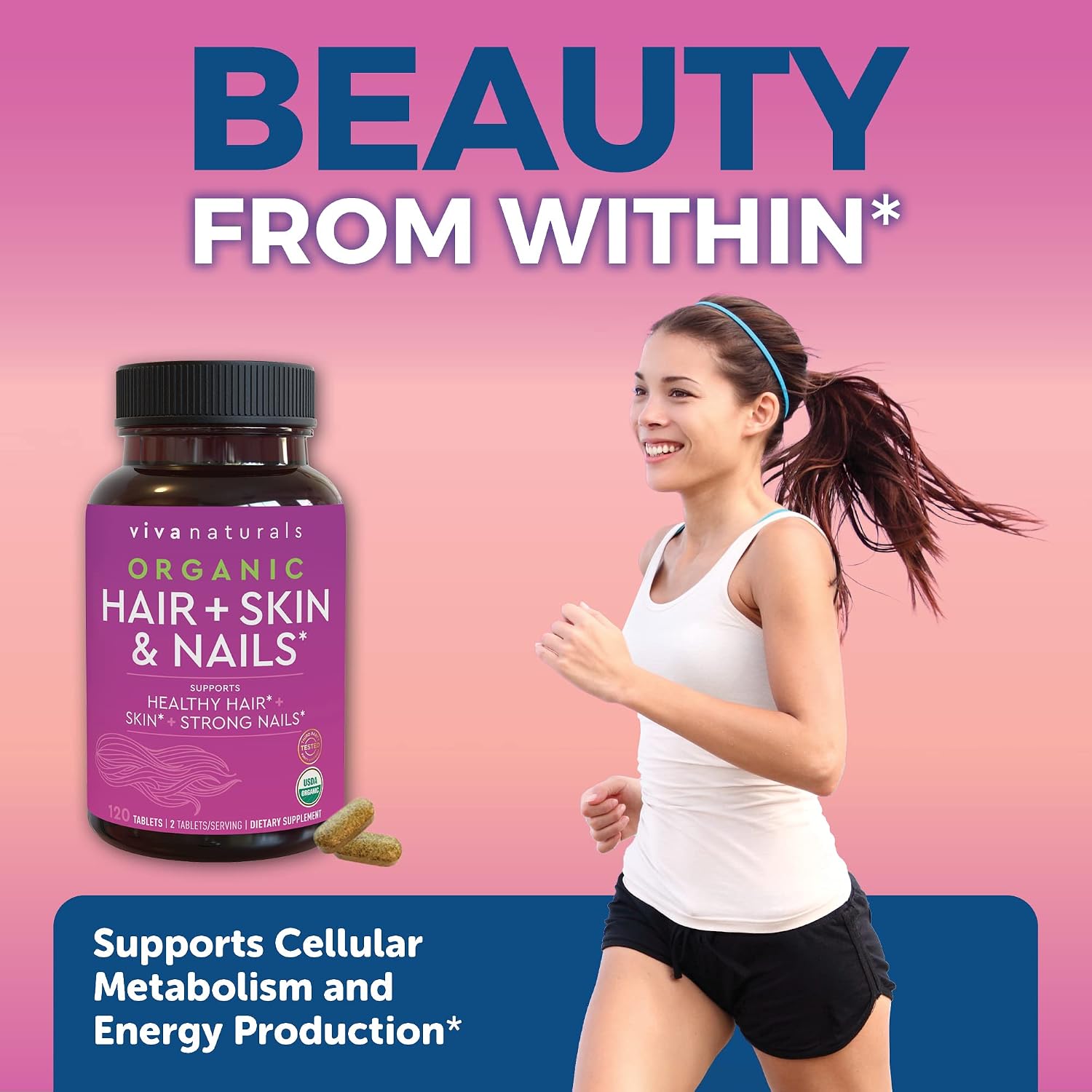 Organic Hair Skin Nails Vitamins for Women - Biotin 5000mcg to Support Normal Hair Growth, Nail Growth and Glowing Skin - 120 Biotin Supplement