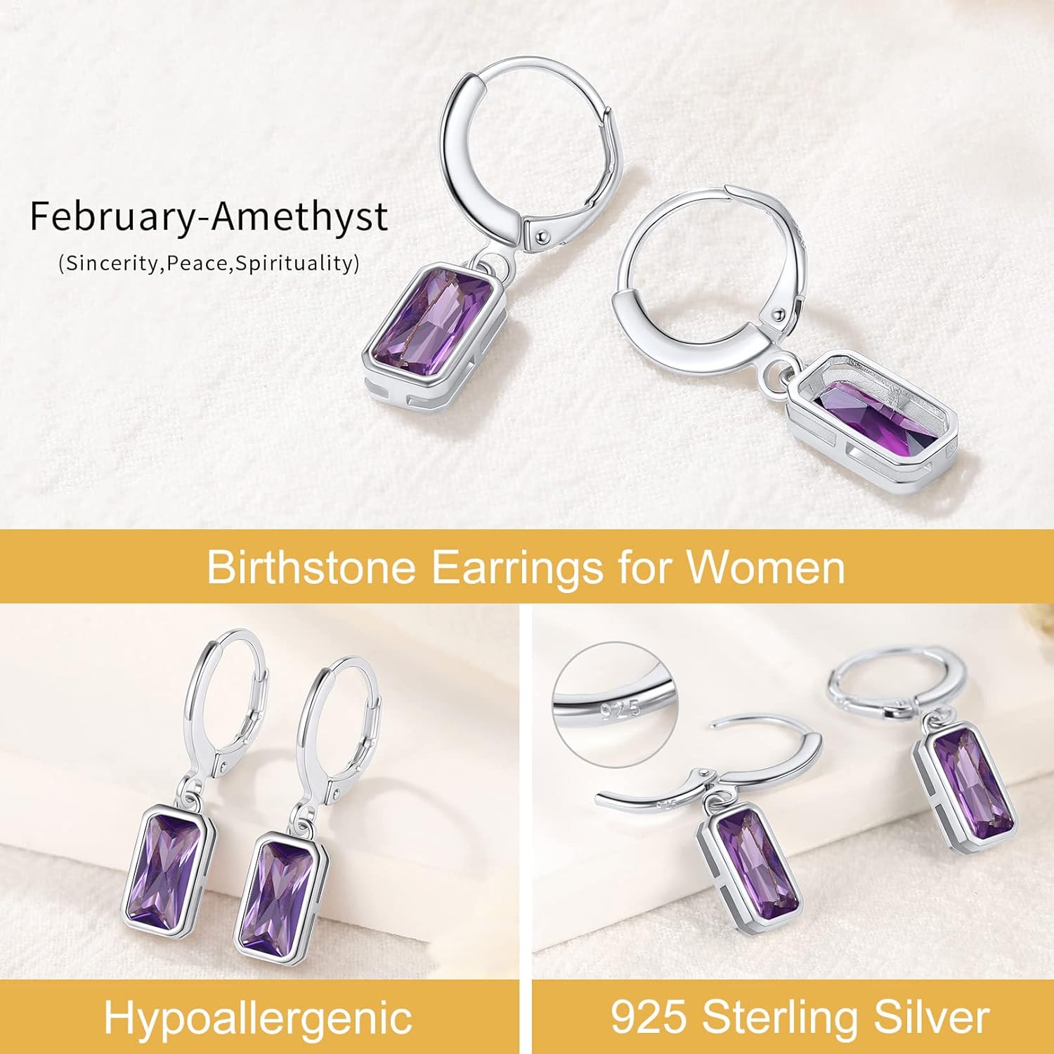 FOCALOOK Birthstone Drop Earrings for Women, 925 Sterling Silver Square Cubic Zirconia 10mm Small Huggie Hoop Earrings - Image 4