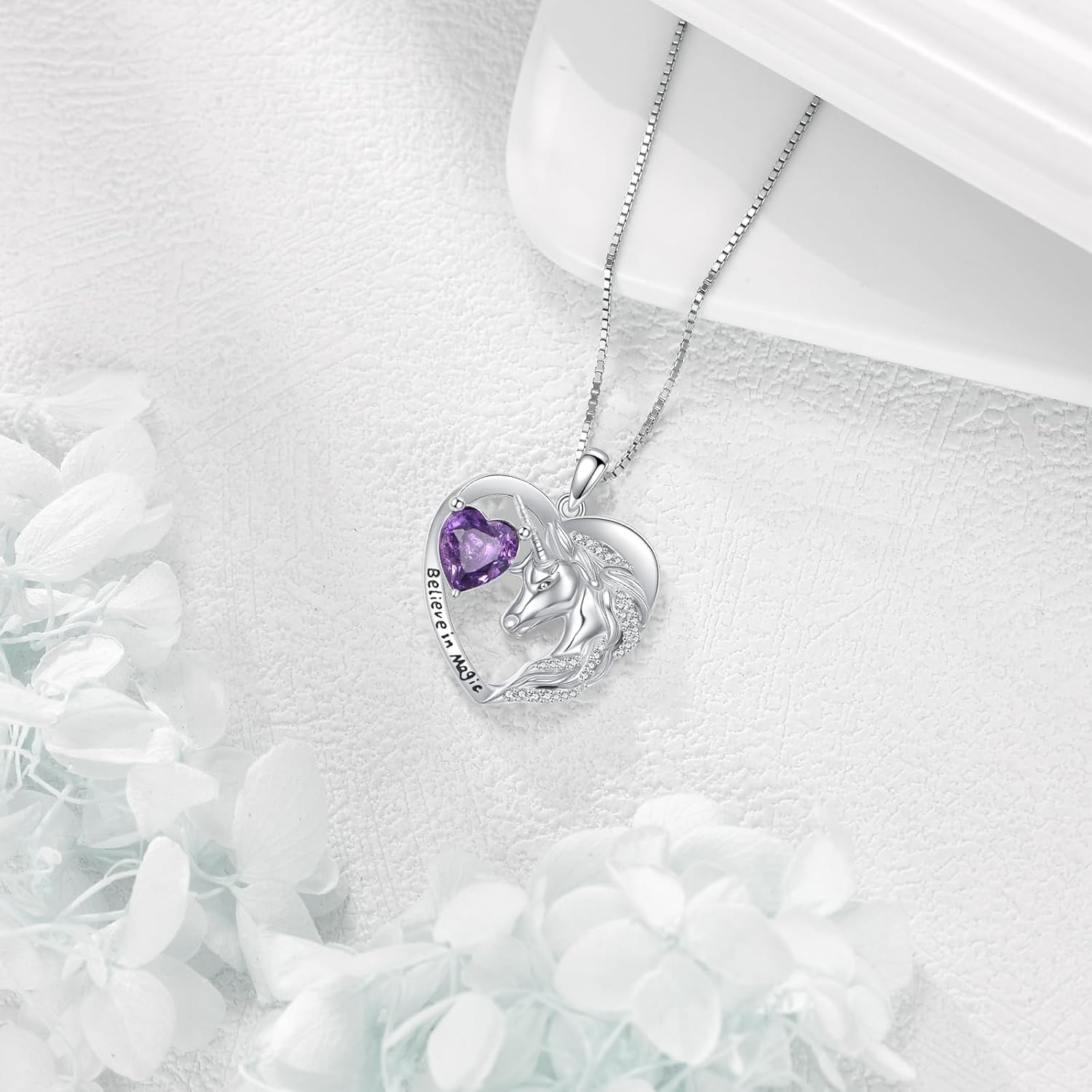 Unicorn Heart Necklace, Dainty 925 Sterling Silver Amethyst Pendant with CZ, Fantasy Magical Jewelry Gift for Women