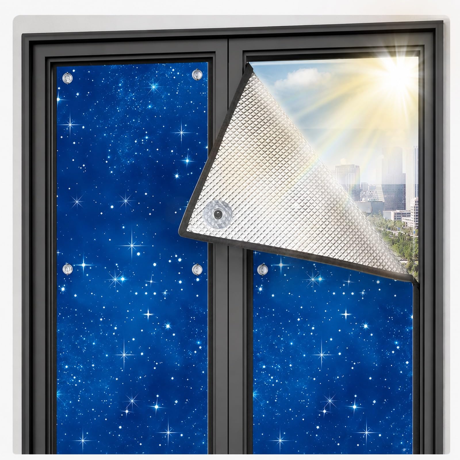 Heat Blocker Window Film, 9mm Heat Blocking Window Film, 99% Heat Blocking, 99.9% Blackout, UV Reflective, Reusable Suction Cups(50x50cm/20x20in)