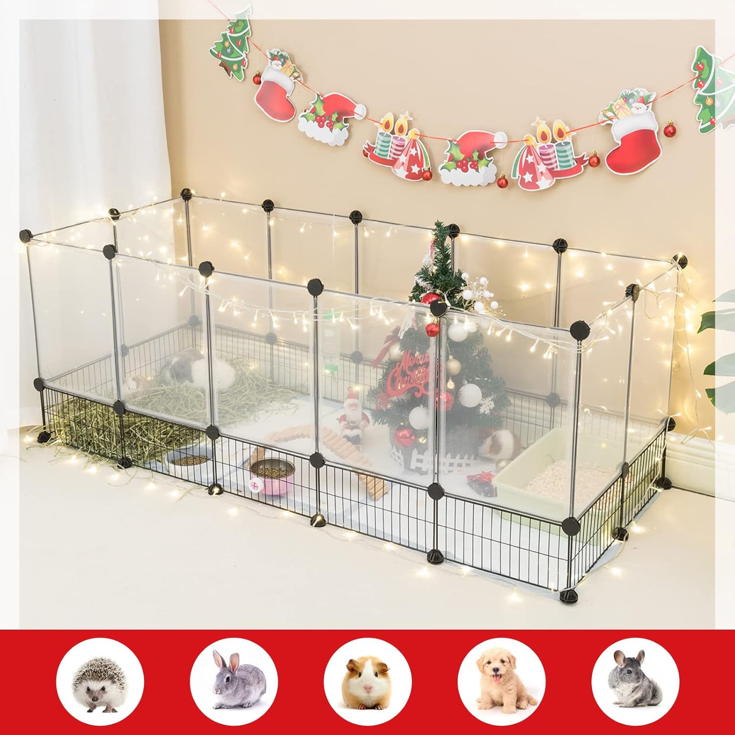 DINMO Rabbit Playpen, Guinea Pig Cages, Hamster Cages, Iron Net Bottom Design for Small Animal, Bunny, Ferret, Hedgehog, DIY, Expanded, Portable, Exercise Fence, 61.4 x 25.4 x 22.3 Inches : Pet Supplies