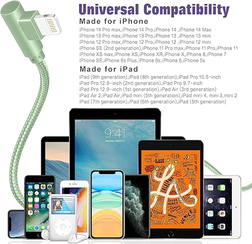 Miniatura 6 de Cargador para iPhone, paquete de 3 cables Lightning de 6 pies [certificado Apple MFi] Cable de carga rápida para iPhone de 90 grados, cable trenzado