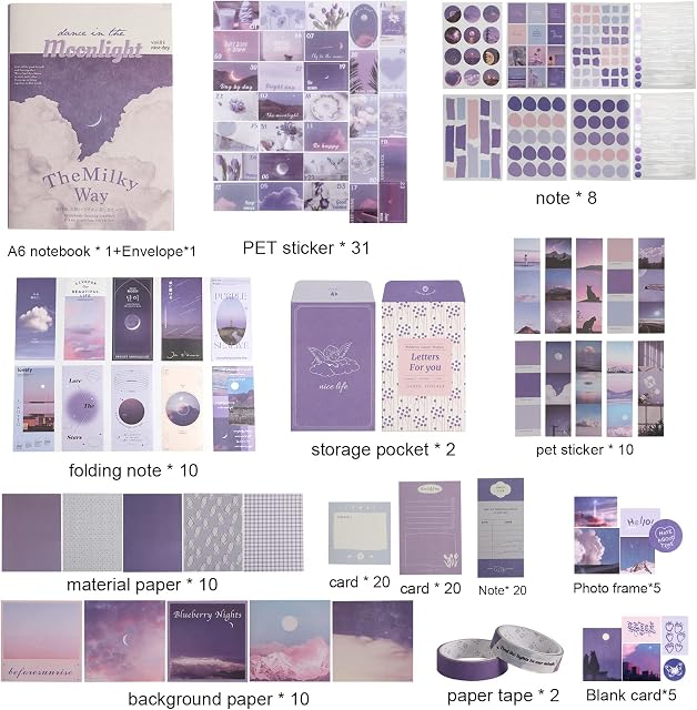 SAVITA Aesthetic Scrapbook Kit, Purple Scrapbooking Journaling Supplies Kit with Stationery Journal Scrapbooking Supplies for Women Girls Gifts