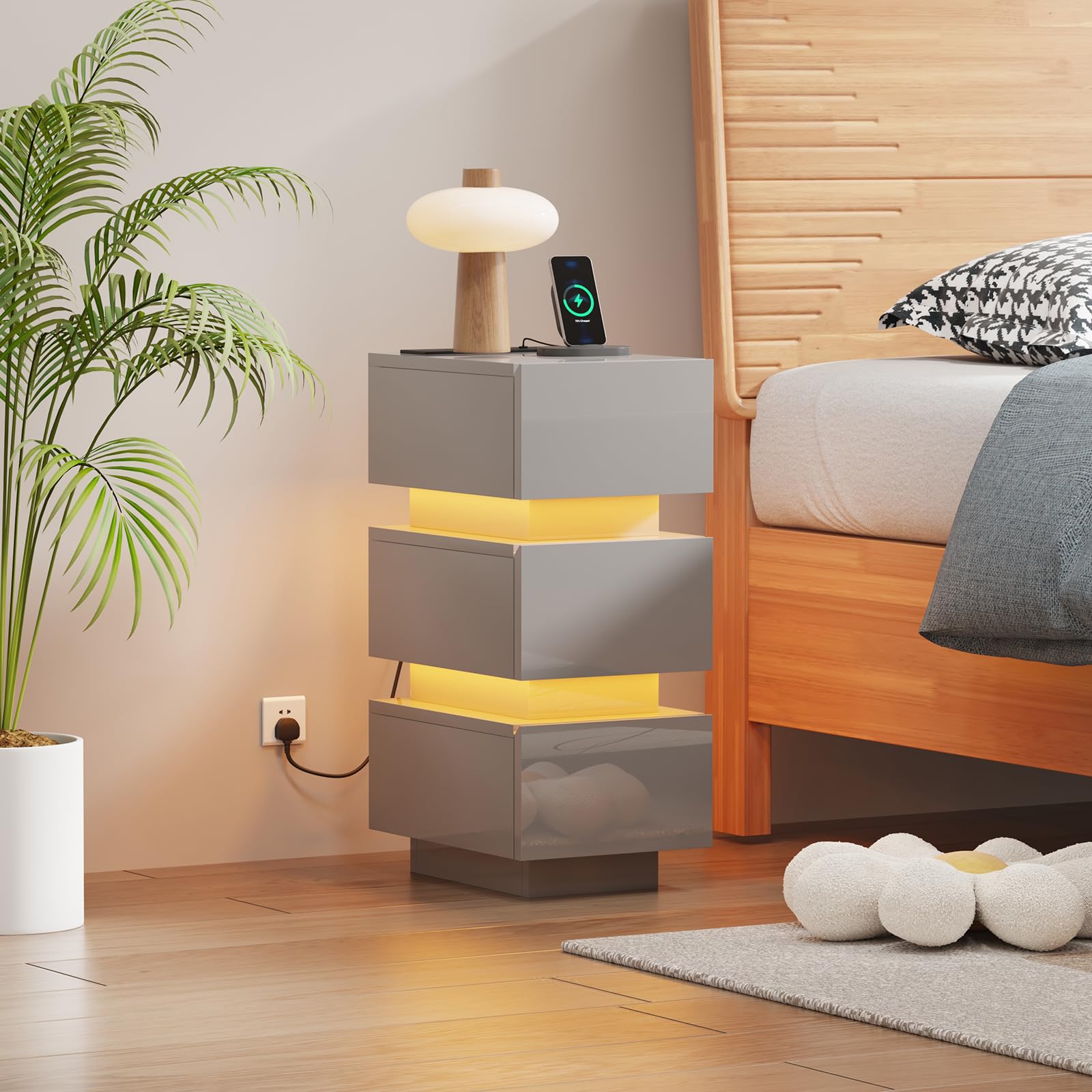 Pantanal 25CM Slim Bedside Table Cabinet Grey with Led Light Charging Station, 3 Drawers Narrow Small Side Table End Table Nightstand with USB Ports & Power Sockets for Bedroom Living Room โ image 1