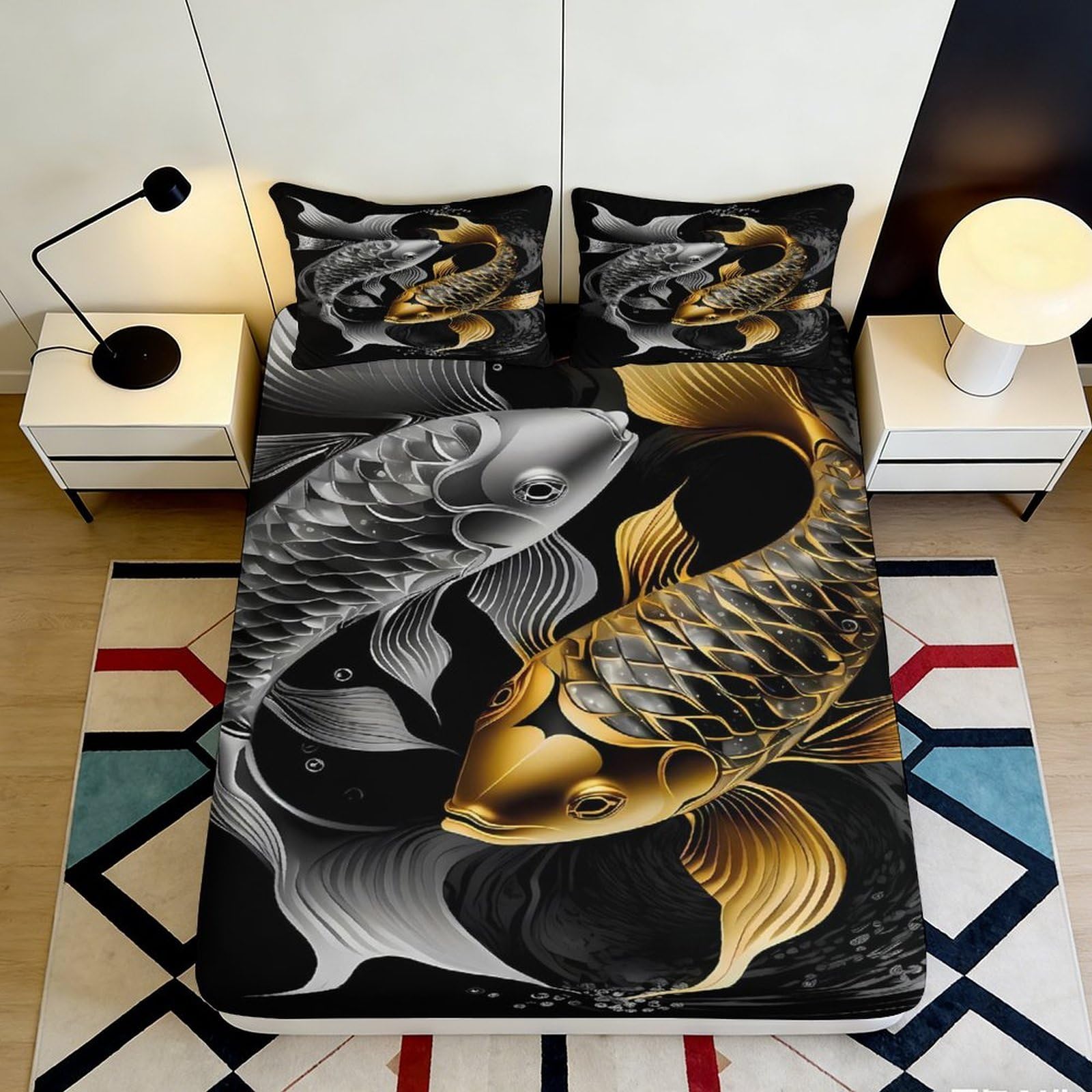 3D Printed gold koi Fitted Sheet, Microfiber soft touch, wrinkle resistant, easy care, home decor, guest room bedding, anti-slip bed cover 90x200x25cm