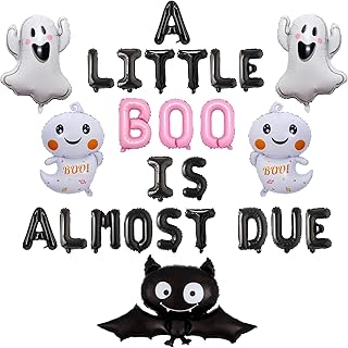 Halloween Baby Shower Party Decorations for Girl,White Pink and Black A Little Boo is Almost Due Baby Shower Foil Balloon,Ghost Bat Balloon for Girls Baby Shower Theme Birthday Party Decor