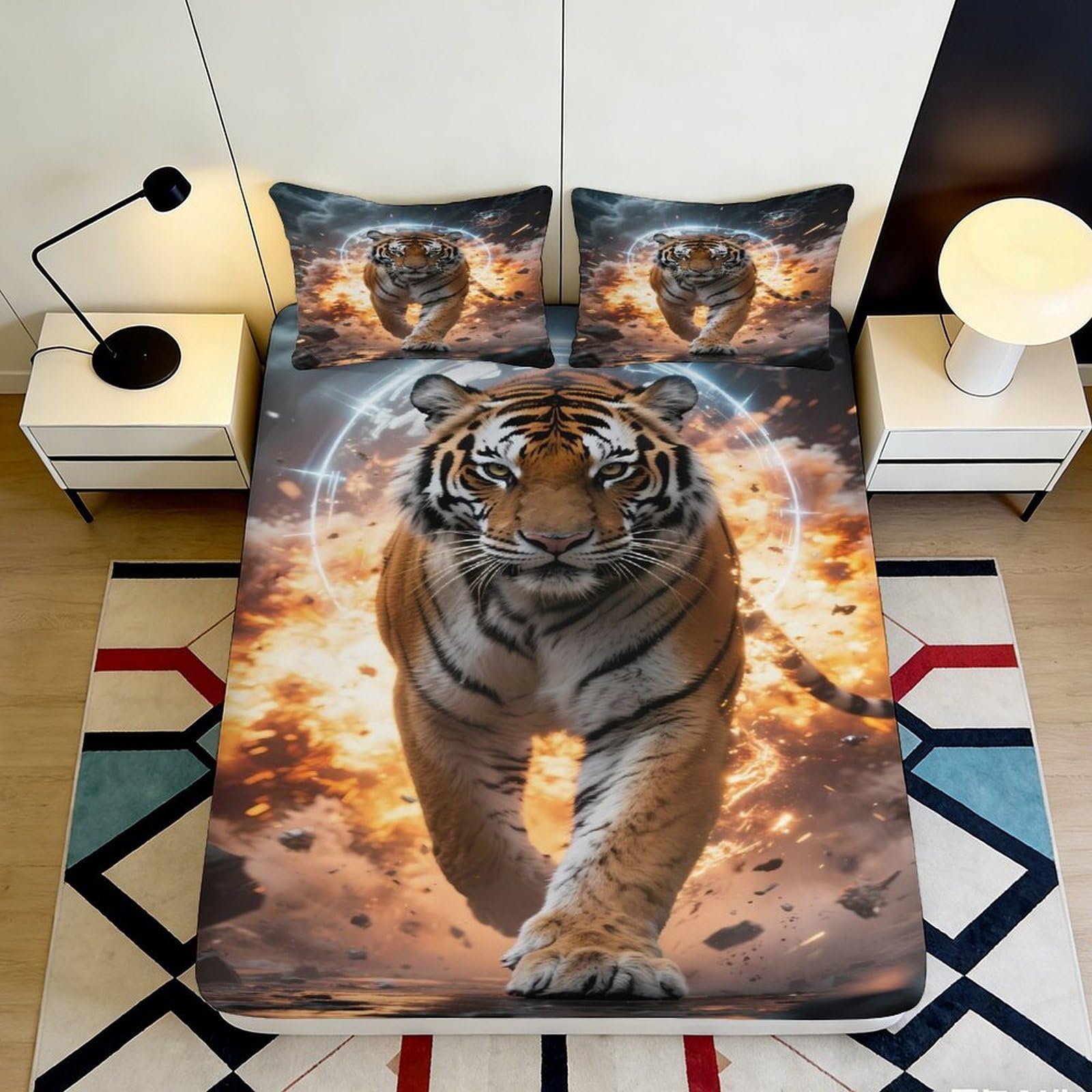 3D Printed Tiger Fire Fitted Sheet Microfiber Non Slip Animal Mattress Cover Machine Washable Bedroom Decor 115 140x200x25cm