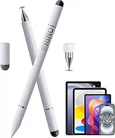 Caneta Touch Stylus Universal RINO 3 em 1 – Ponta Disco, Fibra de Prata e Esferográfica – Compatível com iPad, Tablet Samsung, Android, Xiaomi – Sem Delay e não precisa de bateria (Branco)