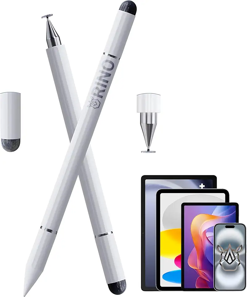 Caneta Touch Stylus Universal RINO 3 em 1 – Ponta Disco, Fibra de Prata e Esferográfica – Compatível com iPad, Tablet Samsung, Android, Xiaomi – Sem Delay e não precisa de bateria (Branco)