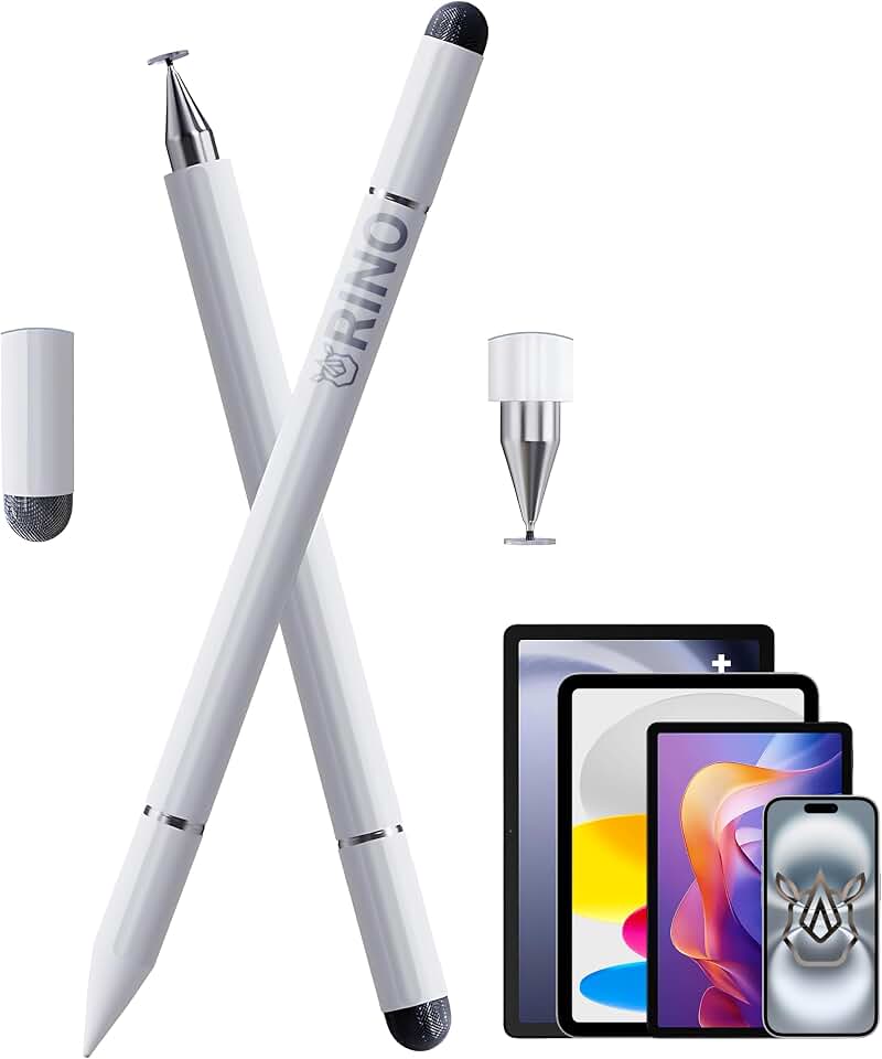 Rino Cases Caneta Touch Stylus Universal 3 em 1 - Ponta Disco, Malha Condutiva e Esferográfica Compatível com Android e Apple - Sem Bateria e Sem Delay (Branca)