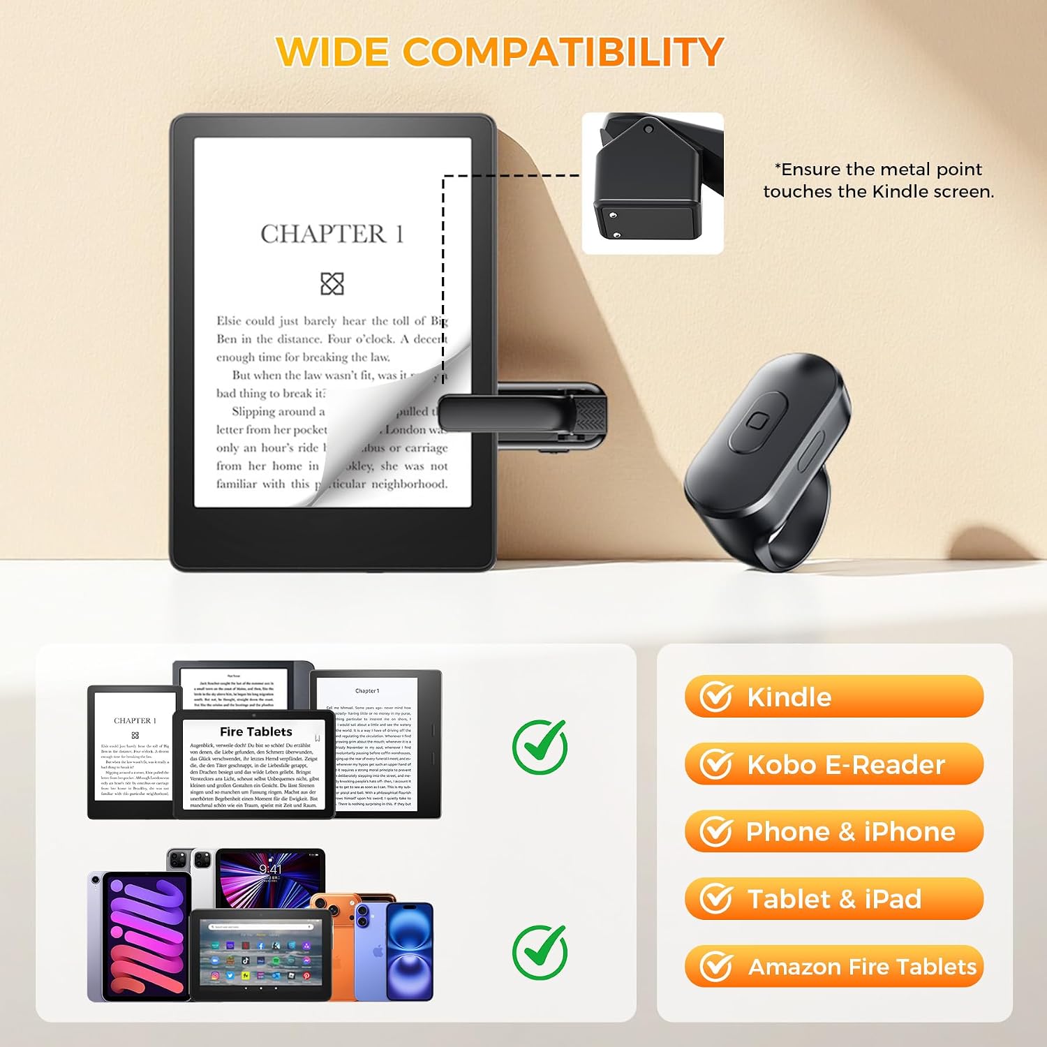 Kefotic Page Turner Ring Remote for Kobo Kindle Paperwhite Colorsoft Scrible, eReader Accessory, Clicker Gifts for iPad Readers, Accessory for Kindle Lovers, Bed Reading Plastic Case-Friendly Silent