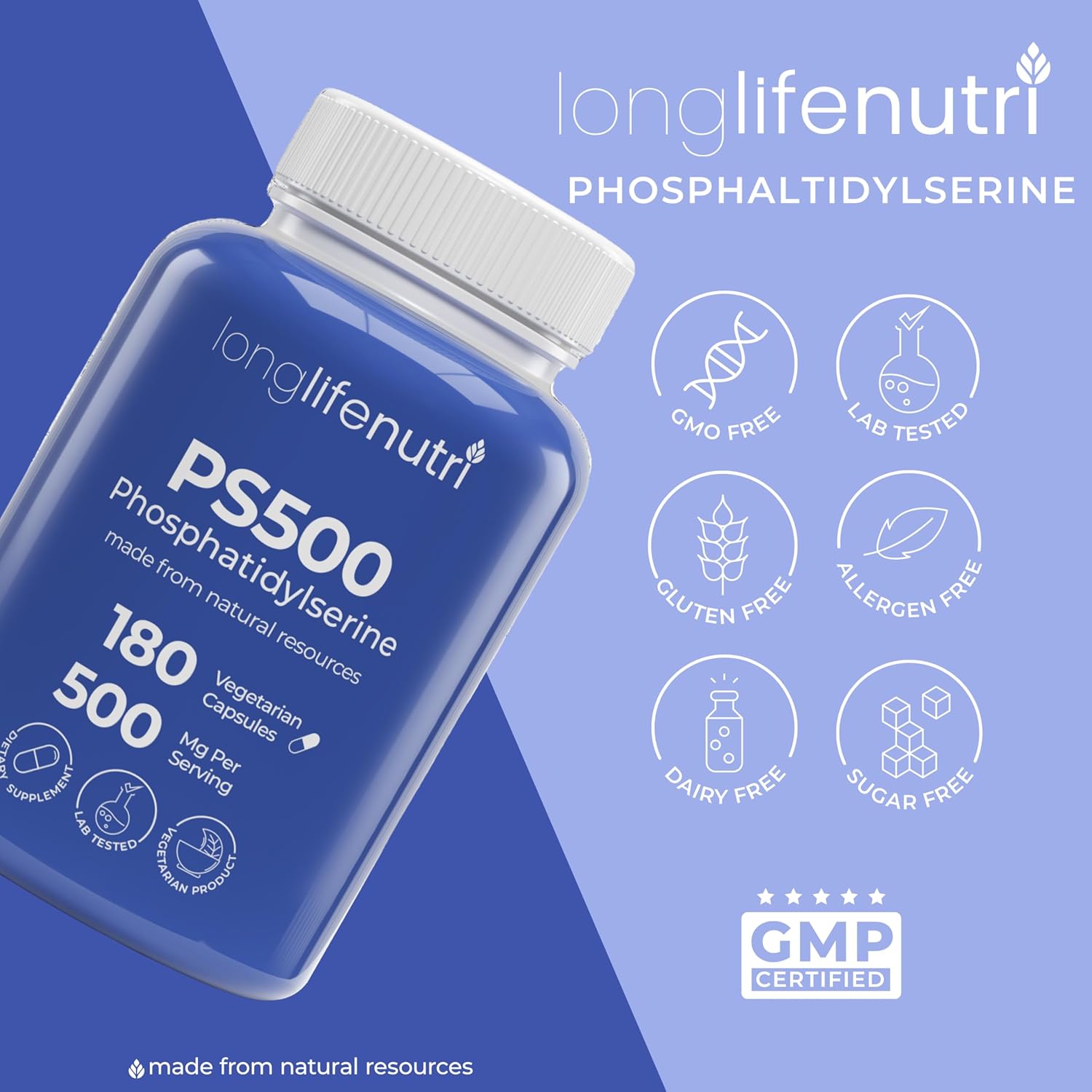 Phosphatidylserine Pure 500mg – 180 Vegetarian Pills, 3-Month Supply, Supplement for Strengthening Memory, Focus & Cognitive Function, Made in USA, Lab Tested, Non GMO