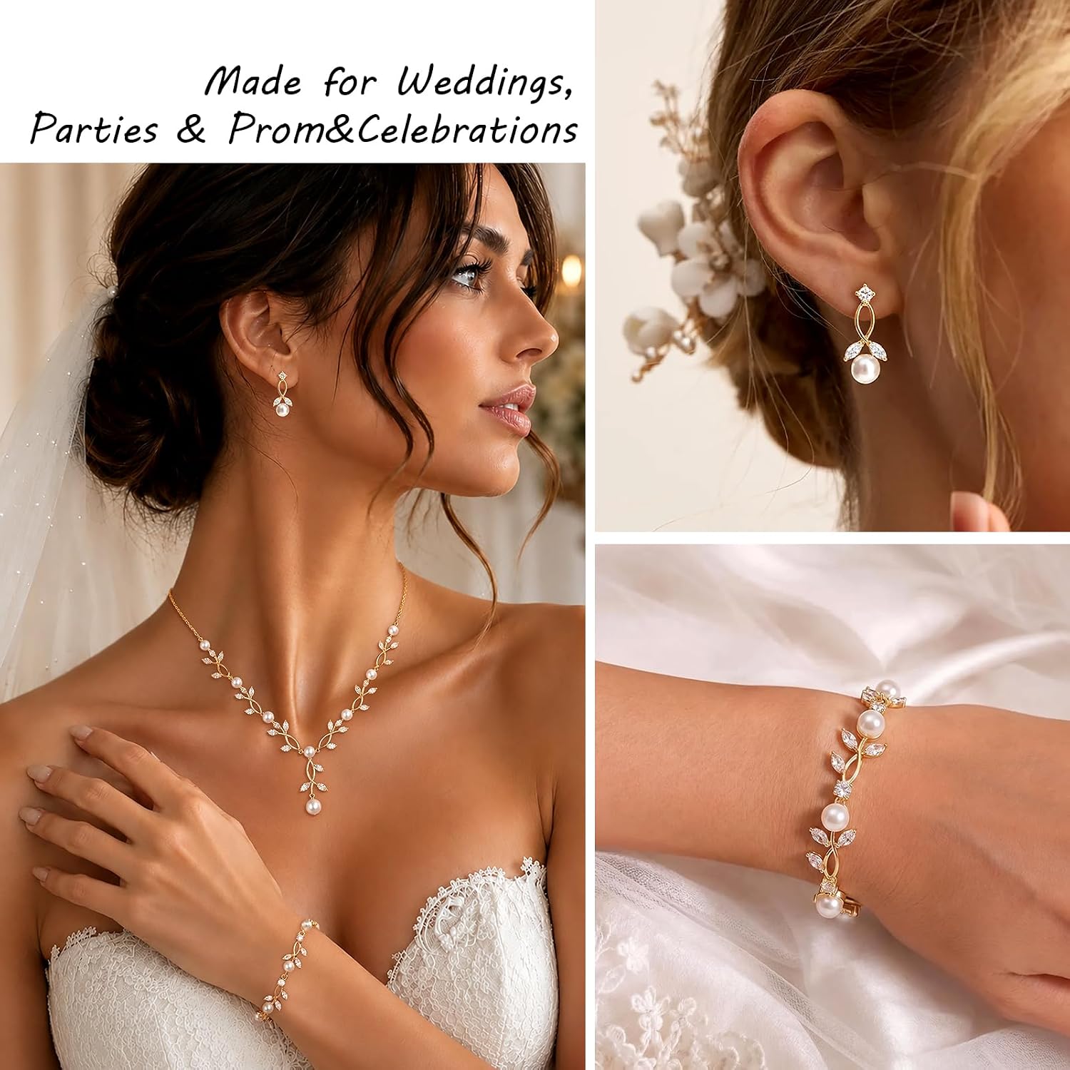 Zeffy Wedding Jewelry Sets for Bride Gold Pearl Statement Necklace Crystal Leaf Bracelet Dangle Earrings Bridesmaid Prom Party Costume Accessories