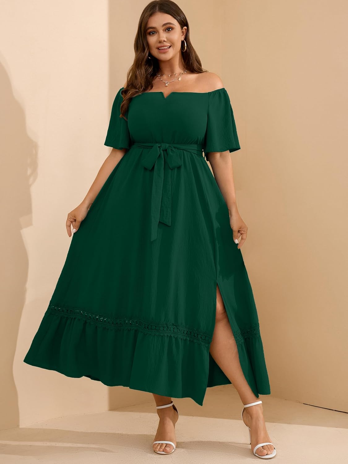RWJ Women's Plus Size Dress for Cocktail Wedding Guest Formal V Neck Off The Shoulder Maxi Dress with Belt - Image 5