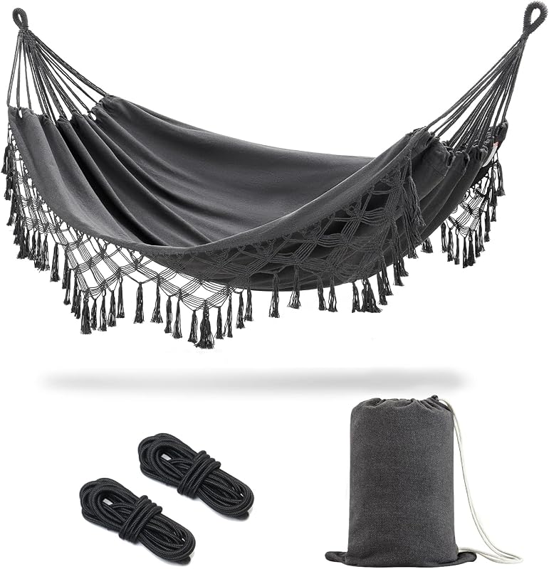 JoyView Boho Macrame Hamaca doble con cuerdas para colgar y elegantes borlas 86.6x59 Hamaca portátil de algodón para patio, porche, capacidad de peso de 450 libras, perfecta para exteriores/interiores, gris oscuro