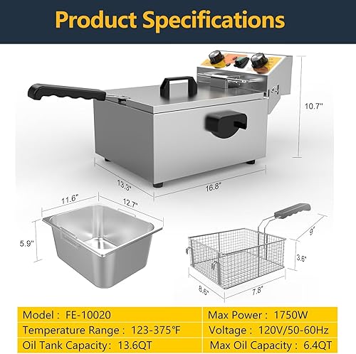 Miniatura 7 de Freidora eléctrica de 13.6 cuartos de galón con cesta y tapa de freír de 6 L (6.5 cuartos de galón), encimera comercial de acero inoxidable de 1750
