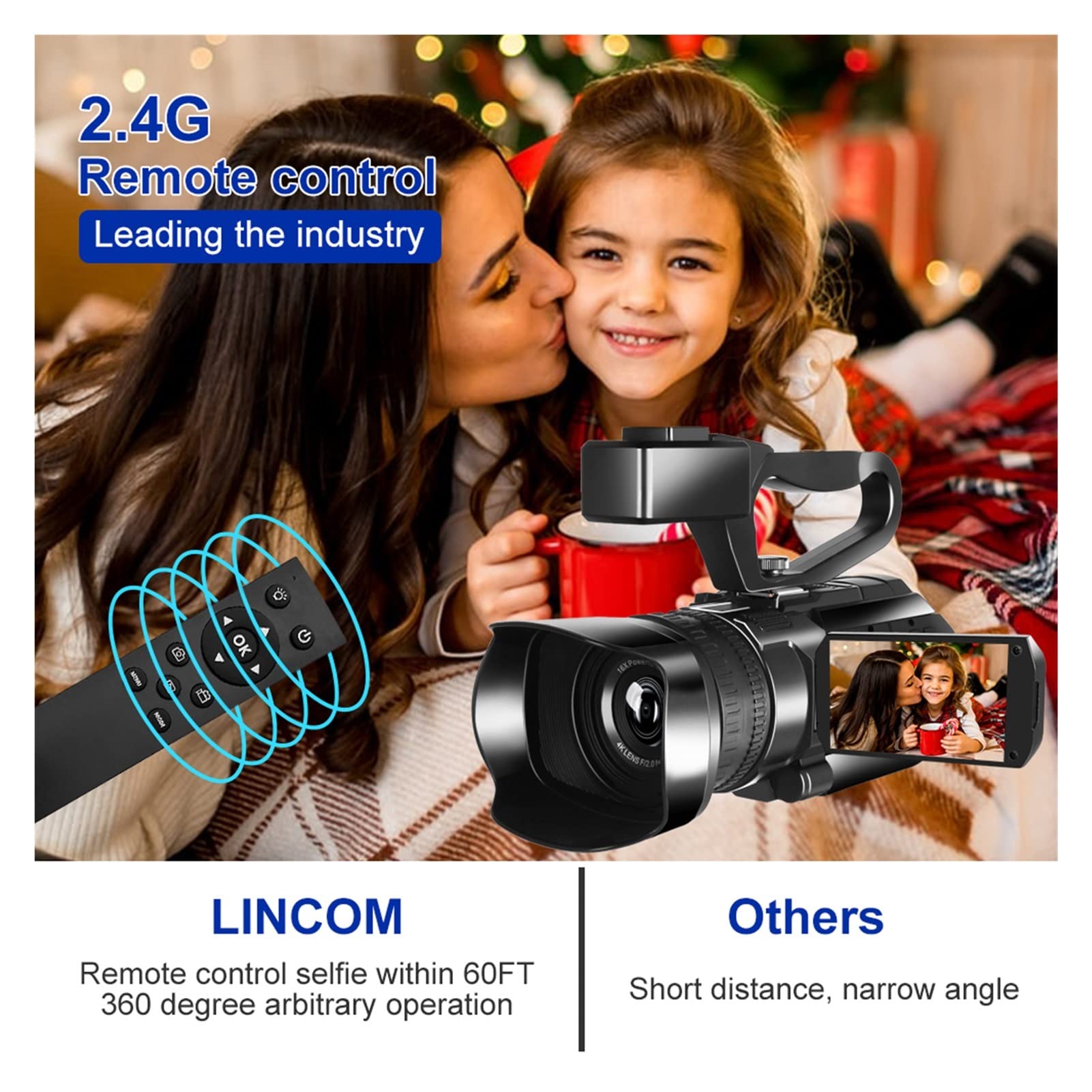 Appareils Photo Numériques, Caméscope de caméra vidéo 4K Wifi 4 8MP Caméras de vlogging for enregistrement Vlog Recordage 30x Zoom 3.0inch tactile Ivre Enregistreur de vision nocturne(128G SD Card,bla