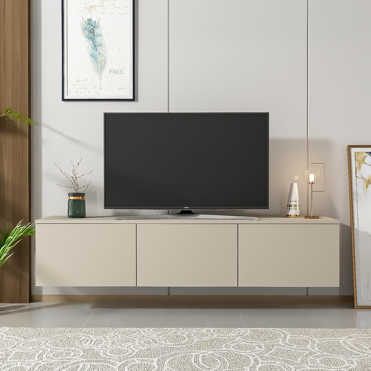 Homidea Levante Hängendes TV Lowboard 160 cm – Wandmontiertes TV-Board mit Klapptüren, Modernes TV-Möbel für Wohnzimmer (BEIGE)