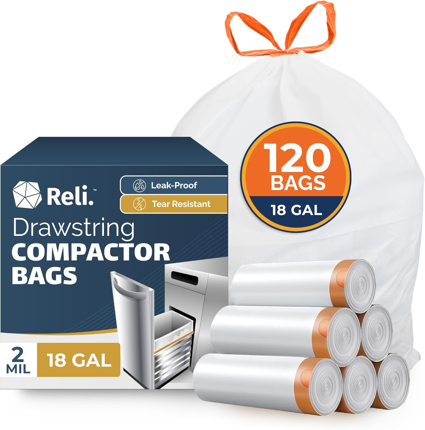 Reli. 18 Gallon Trash Compactor Bags (120 Pack) | 2 Mil Heavy Duty | Compatible with Kitchenaid, Whirpool, GE 15 Inch Compactors | No Slip Drawstring Kitchen Trash Bags | Leak-Proof & Tear Resistant