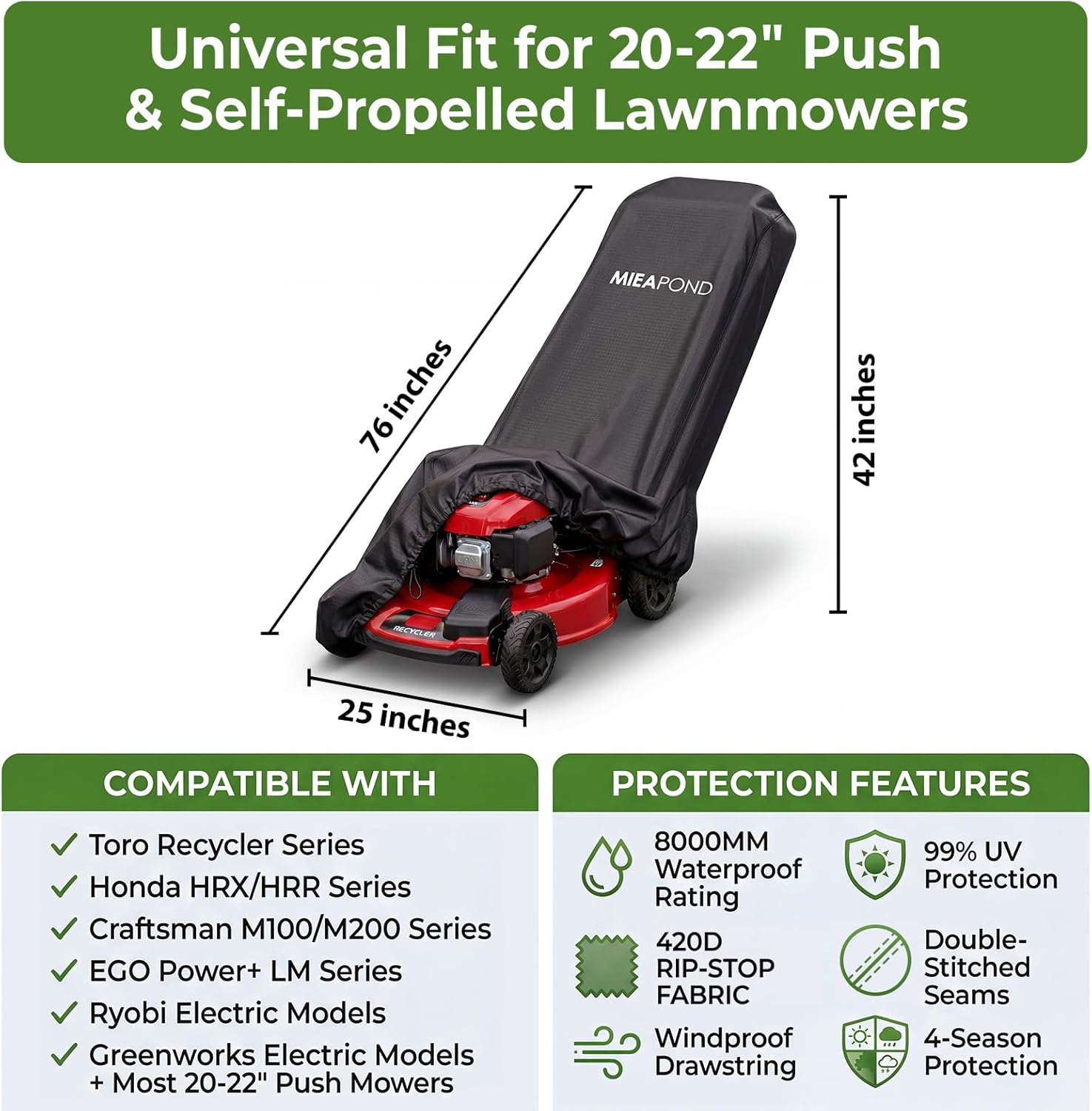 Heavy Duty Waterproof Lawn Mower Cover - Universal Fit for 20-22" Push & Self-Propelled Lawnmowers, Fits Toro Honda Ryobi EGO Greenworks Troy-Bilt and More, Outdoor Storage Protection
