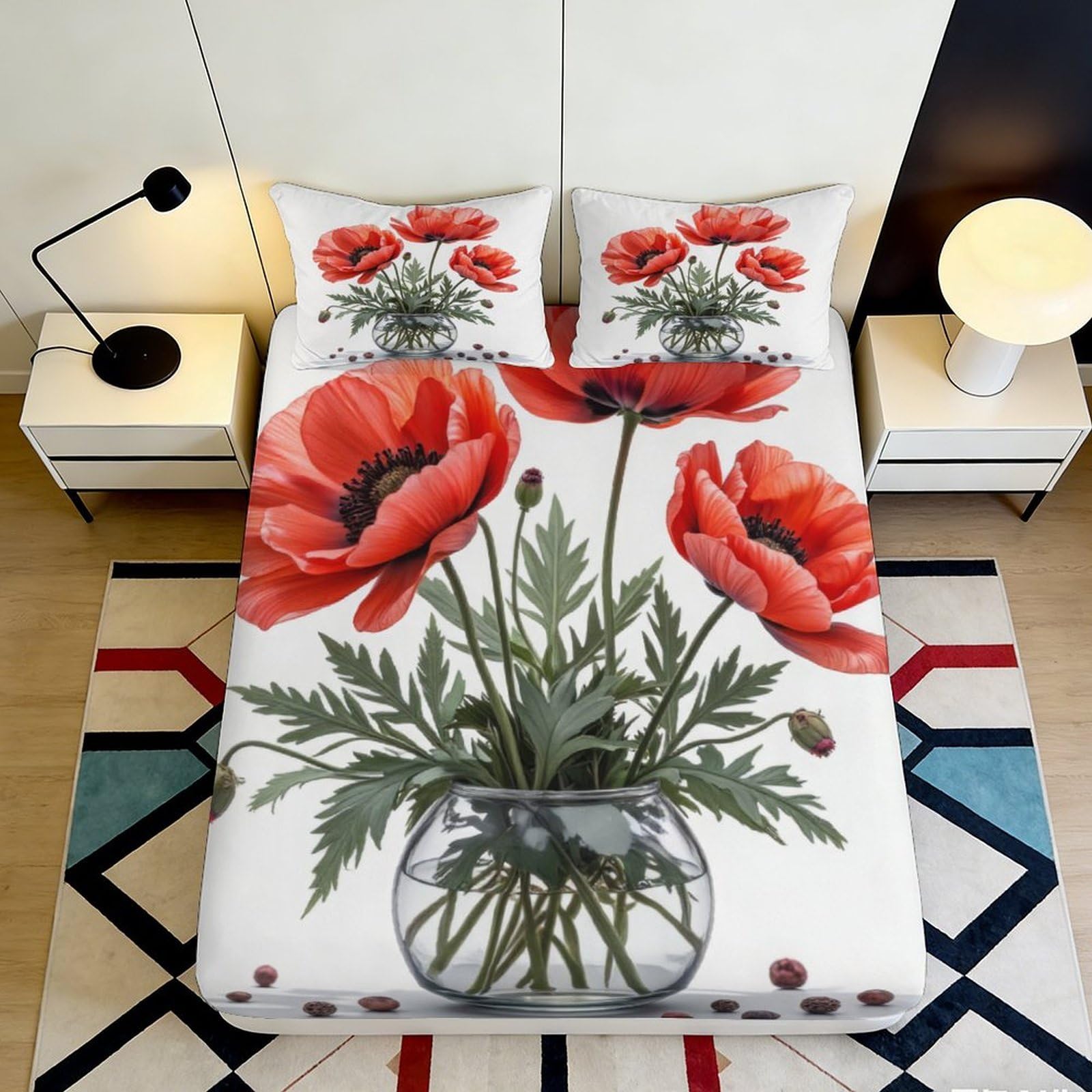 Jqzkxnhpbr Style-1 3D Printed Red Poppy Flower Fitted Sheet Microfiber Soft Botanical Vase Bed Sheet For Bedroom Guest Room Decor 90X200x25cm