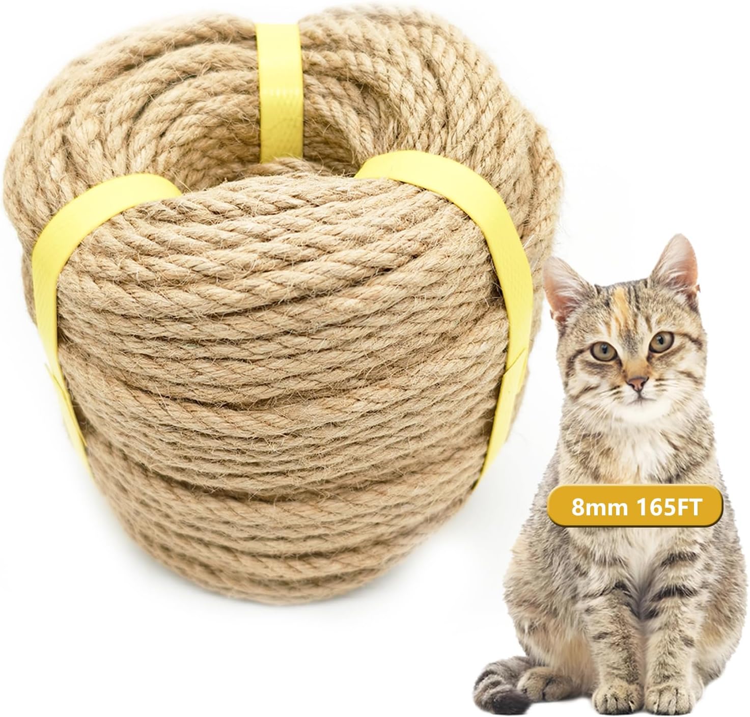 165 Feet Natural Jute Twine 8mm Heavy Duty Braided Jute Rope Roll | Decorative Natural Sisal Rope for Cat Trees, DIY Projects, Gardening, Home Decor, Crafts, Packaging