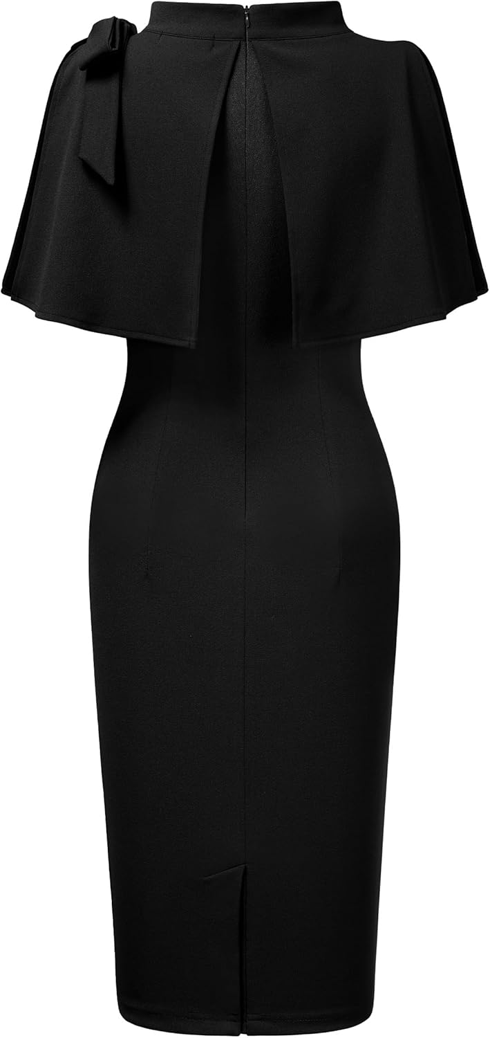 AISIZE Women's Vintage 1940s Half Collar Batwing Cape Party Pencil Dress - Image 5