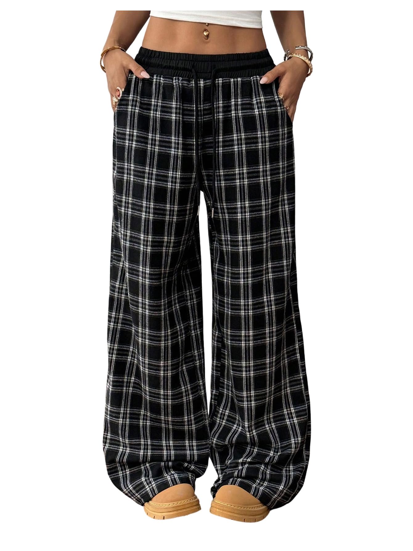 WDIRARA Women's Plaid Drawstring Waist Wide Leg Pants Casual Baggy Pants