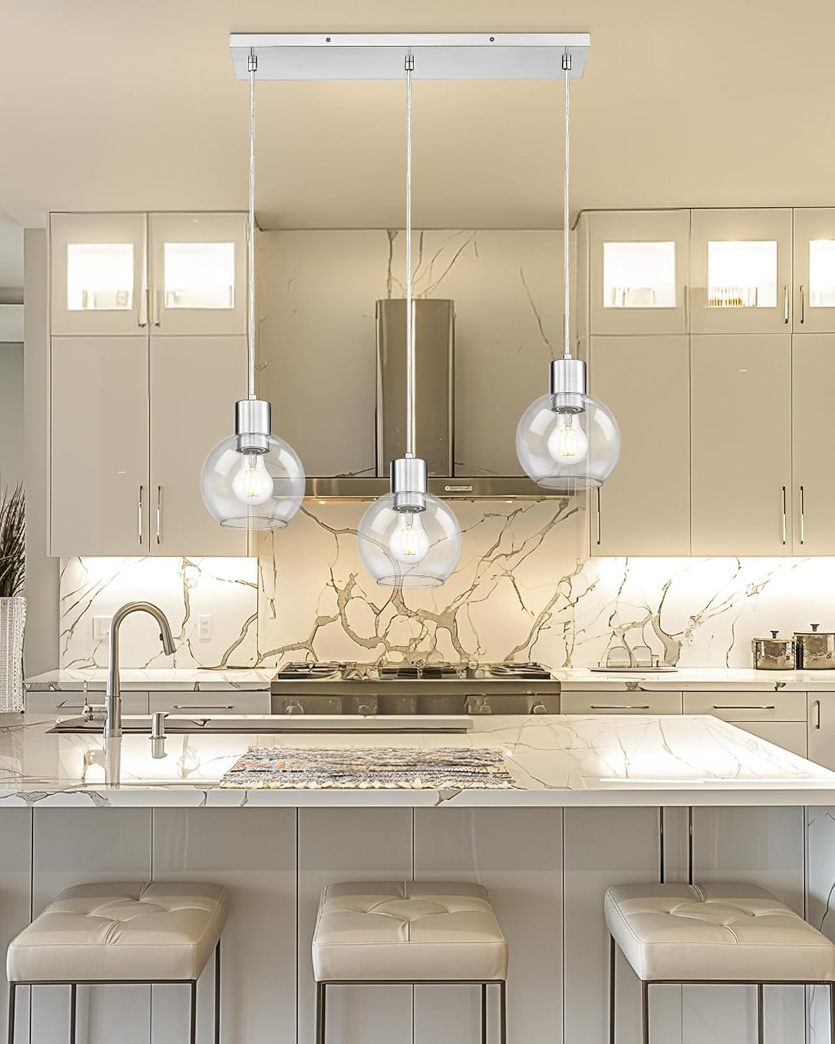 LMS Brushed Nickel Dining Room Light Fixture, 3-Light Clear Globe Glass Island Lights, Farmhouse Linear Chandeliers for Kitchen Island Pendant Light Fixtures, LMS-122SPL-BN3