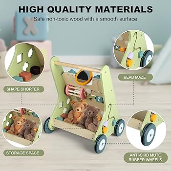 Push Walker LOL-FUN Wooden Baby Walker With Wheels, Baby For Baby Girl And Boy 12