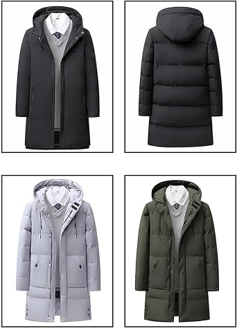 Mens Long Warm Jacket with Hood Puffy Hooded Windbreaker Coats Zip Up Long Warm Padded Coat