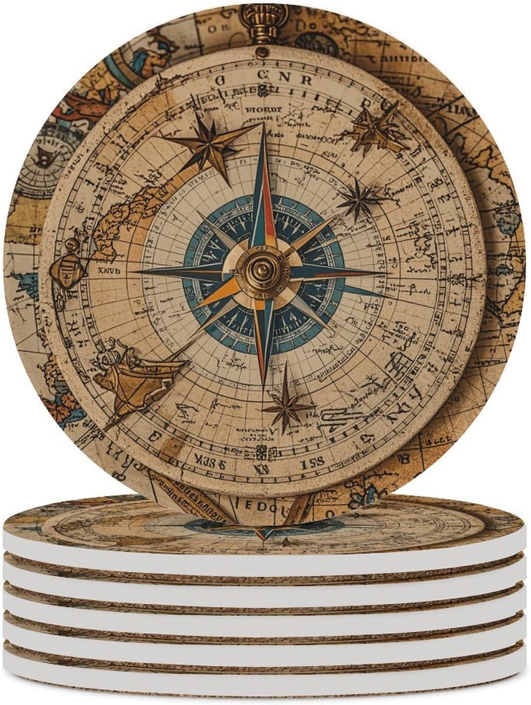6PCS Compass and Old World Map Coasters Non-Slip Round Drink Coasters with Ceramic Stone and Cork Base, Heat Resistant Absorbent 33.00Stone Coaster Set for Kinds of Mugs and Cups, 4 Inch