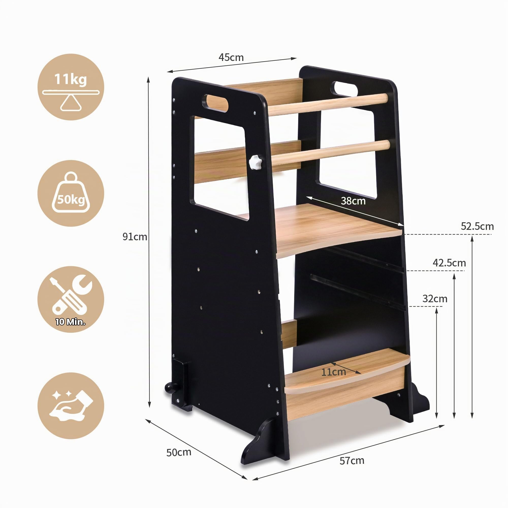 Baby Vivo Lernturm aus Holz Höhenverstellbar - Kippschutz Kindermöbel für Kinder ab 1 Jahr bis 50 kg - Learning Tower mit 2 Sicherheitsstangen Küche Tritthocker Montessori Lerntower Noah in Schwarz