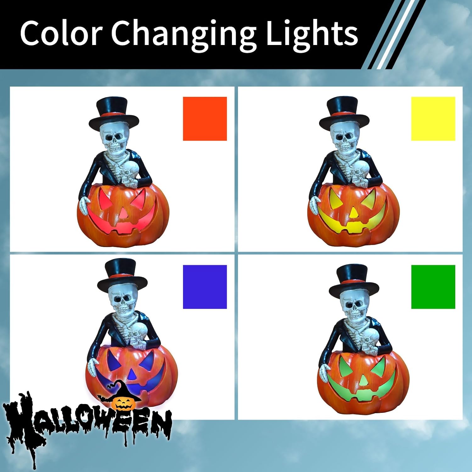 Halloween Decorations Outdoor Solar Skeleton Pumpkin Led Lights, Jack-O-Lantern Pumpkin Skull Figurine Color Changing Lights for Outside Garden Yard Porch Halloween Party Decor