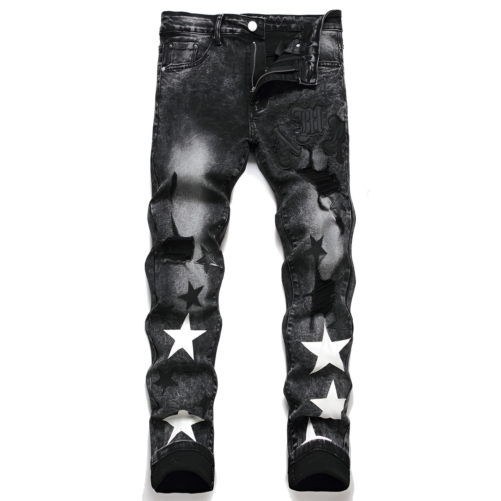 Jeans Uomo Slim Fit Strappati - Pantaloni in Denim Stretch con Motivo a Stella, Jeans Skinny Moda Streetwear Y2K, Fit Slim e Design Versatile per Look Trendy