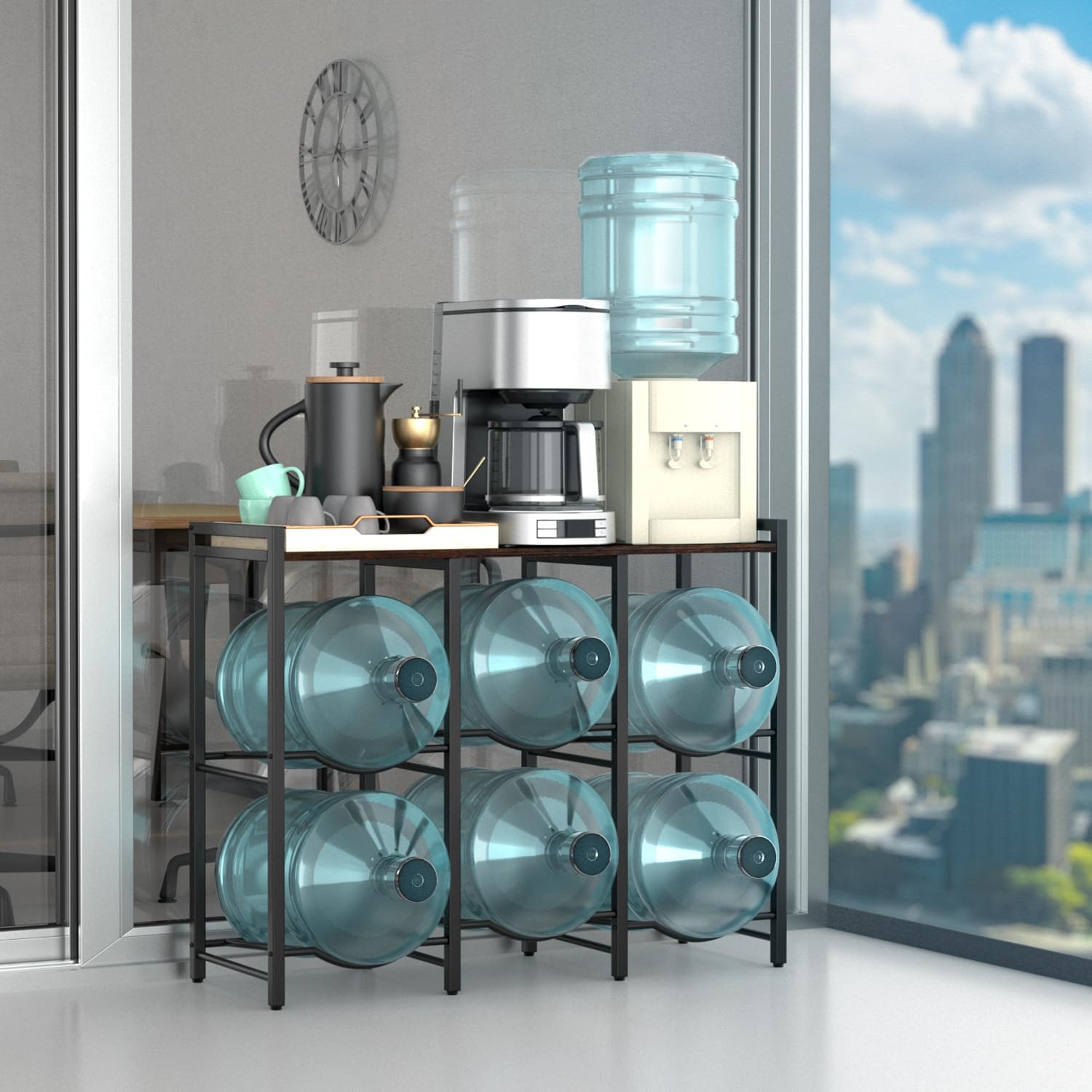 5 Gallon Water Jug Holder for 6 Bottles With Rustic Brown Wood Top Shelf - Heavy Duty Dispenser Stand for Home Kitchen/Office/Living Room