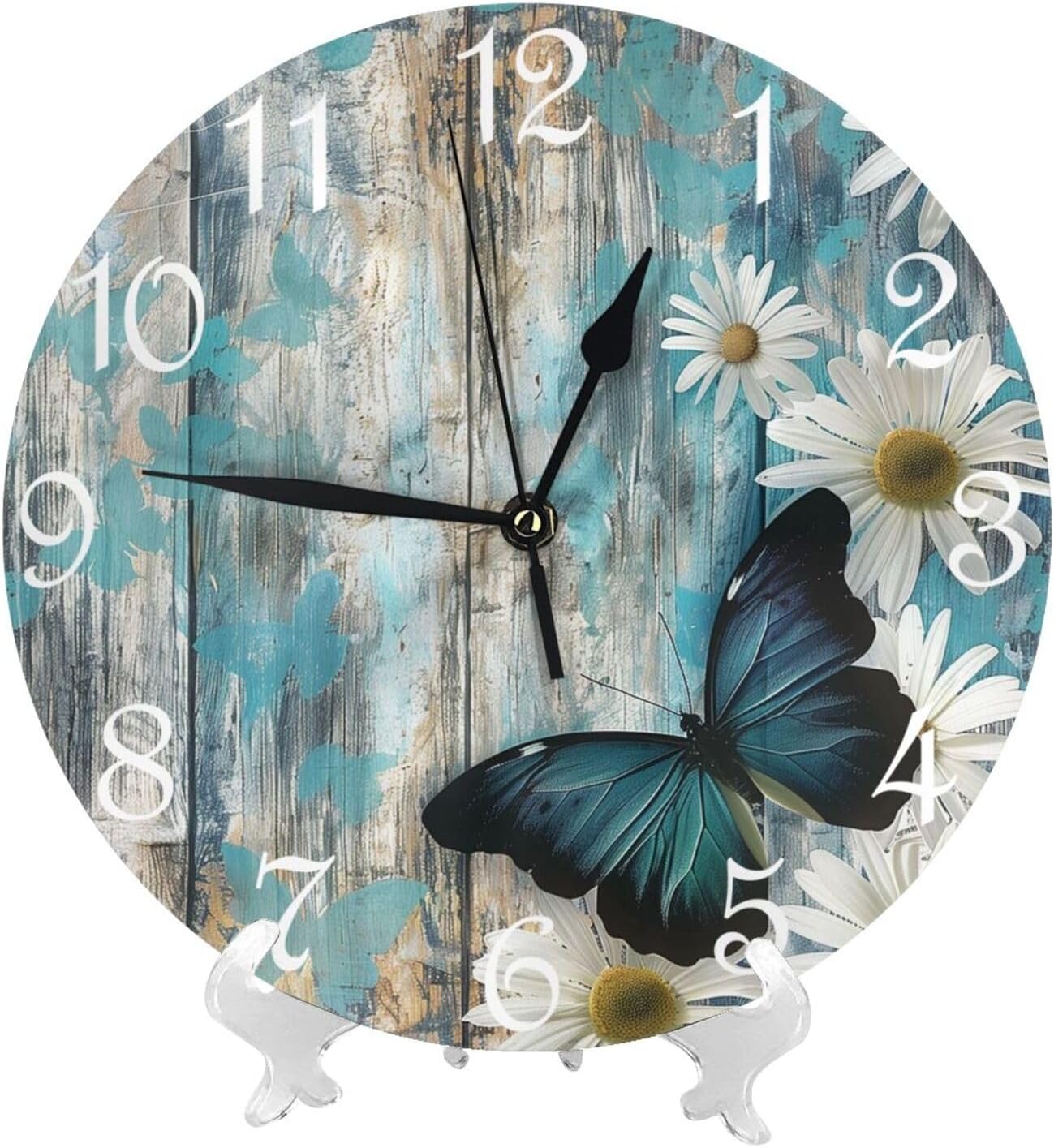Wall Clock Battery Operated 10 Inch Silent Non Ticking Wooden Plank Flowers Theme,Wood Grain Daisy Pattern,Decorative for Kitchen, Bathroom, Bedroom, Living Room,Light Gray Blue Green