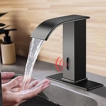 Touchless Sensor Bathroom Sink Faucet for 1 Hole, Waterfall Automatic Hands-Free Matte Black Lavatory Faucets, Easy Installation, Smart Infrared Modern Design for Home Commercial, Battery Powered
