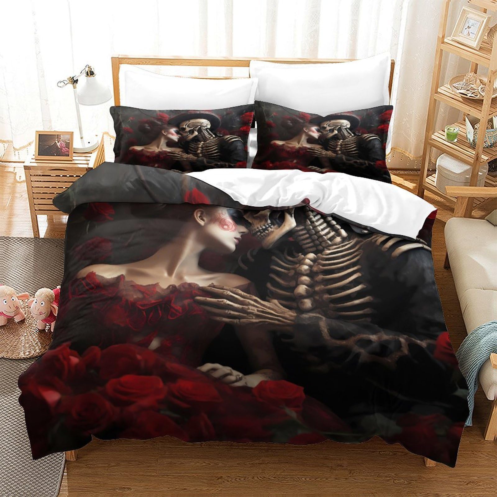 Copripiumino Coppia Scheletro Gotico 3D Stampato in Microfibra Decorazione Camera da Letto Set Biancheria da Letto Coppia Scheletrata Morbido Traspirante per Adulti Giovani Super king（260x220cm）
