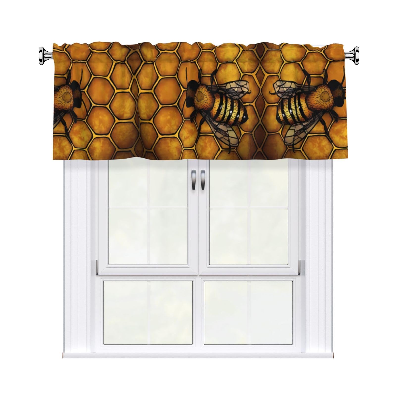 HJFCZH WHJSSF Bee Honeybee Prints 54x18in Curtain Valance - Peach Skin Polyester Kitchen Cover with Light Filtering Floral & 3" Rod Pocket