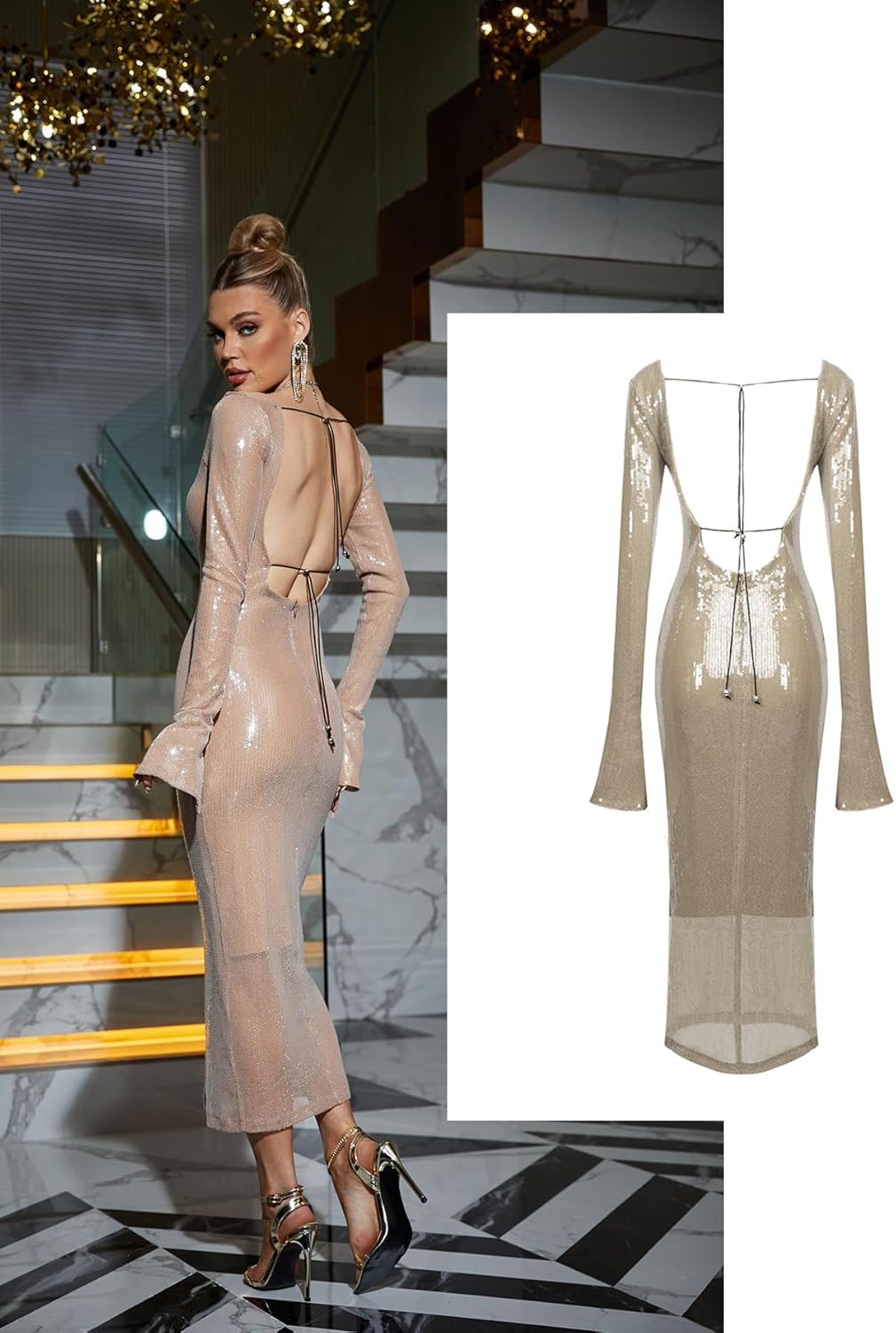 meilun Deep V Dress with Drawstring Long Sleeve Sequin Dress for Women Long Gown - Image 2