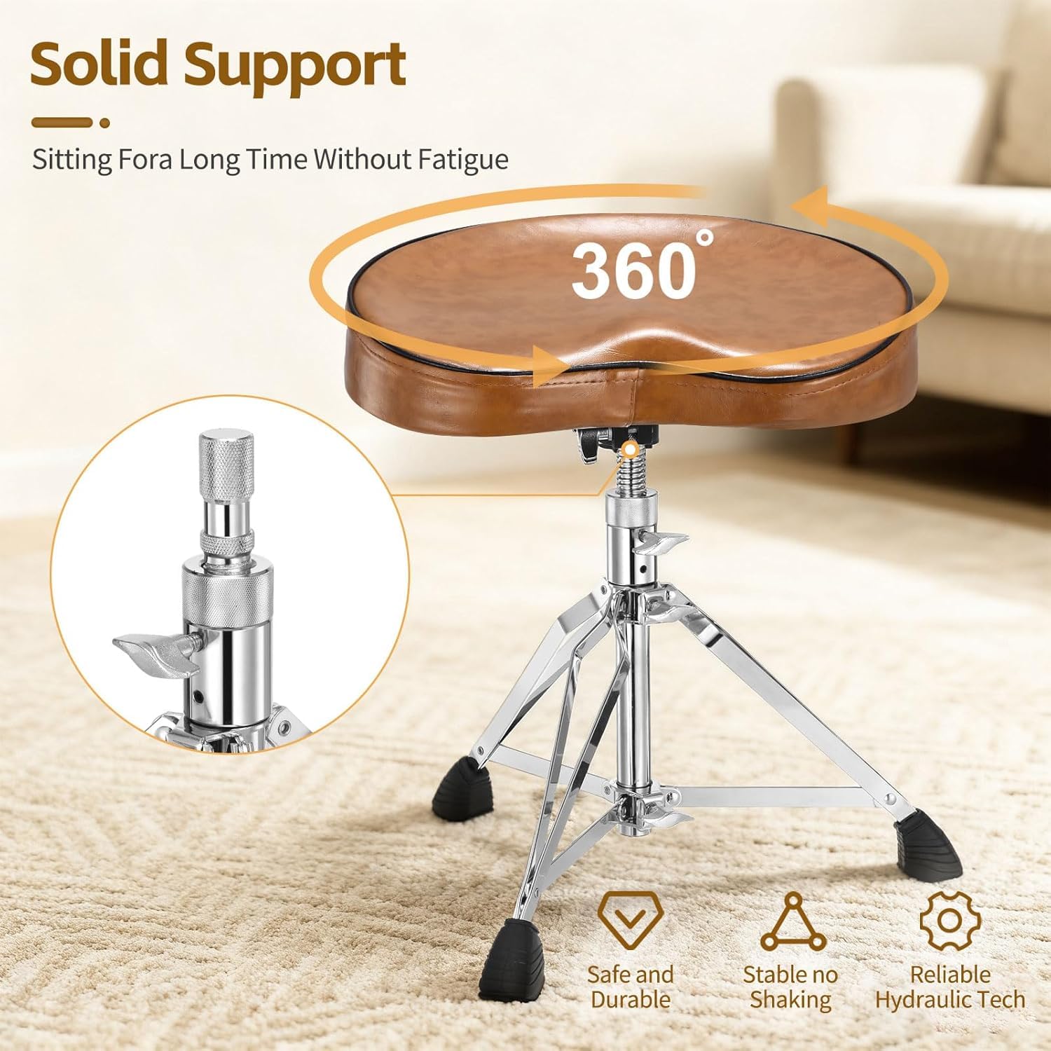 HEYOUTH Taburete de Batería Ajustable en Altura (45-56 cm), Plegable con Asiento Acolchado Antideslizante y Trípode – Estable Taburete para Baterista en Color Marrón para Bateristas y Percusionistas