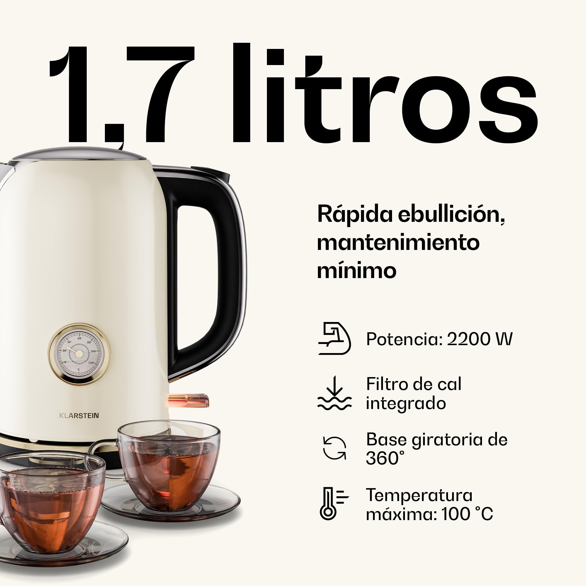 Klarstein Victoria Juego de Desayuno Esencial - Tostadora 2 Ranuras con 7 Niveles, Bandeja Recogemigas, Soporte Panecillos, 1.7L Hervidor Agua Eléctrico con Filtro Antical, Apagado Automático, Cream