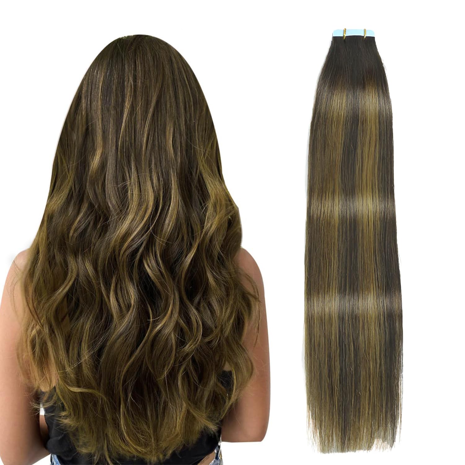 SIYUSI Tape in Hair Extensions Human Hair, Dark Brown Mixed Chestnut Brown, 22 inch 50g 20pcs, Skin Weft Seamless Invisible, Remy Tape ins Human Hair Extensions,Silky Straight with Thick Ends