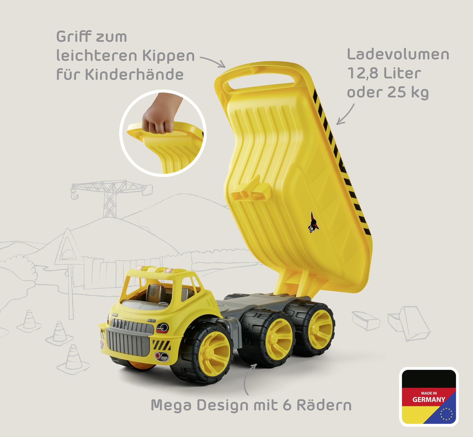 Big Power Worker Mega Kipper (65 cm) - XXL Kipplaster mit großer Kippmulde (Platz für 12,8 l Ladung) und 6 Reifen für drinnen & draußen, Baustellenfahrzeug für Kinder ab 2 Jahre, gelb