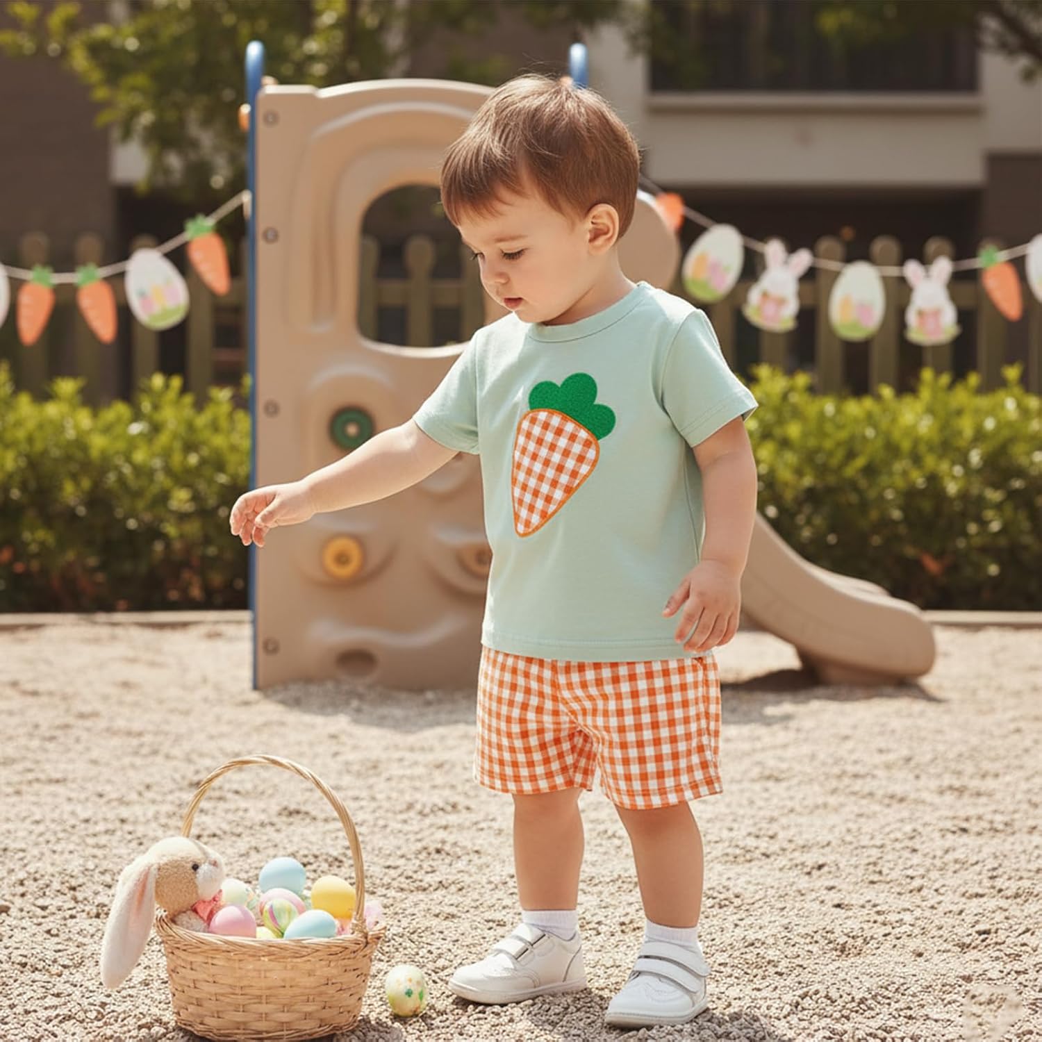 Toddler Baby Boy Easter Outfit Bunny Carrot Embroidery Short Sleeve T Shirt Tops Plaid/Striped Shorts Set - Image 4