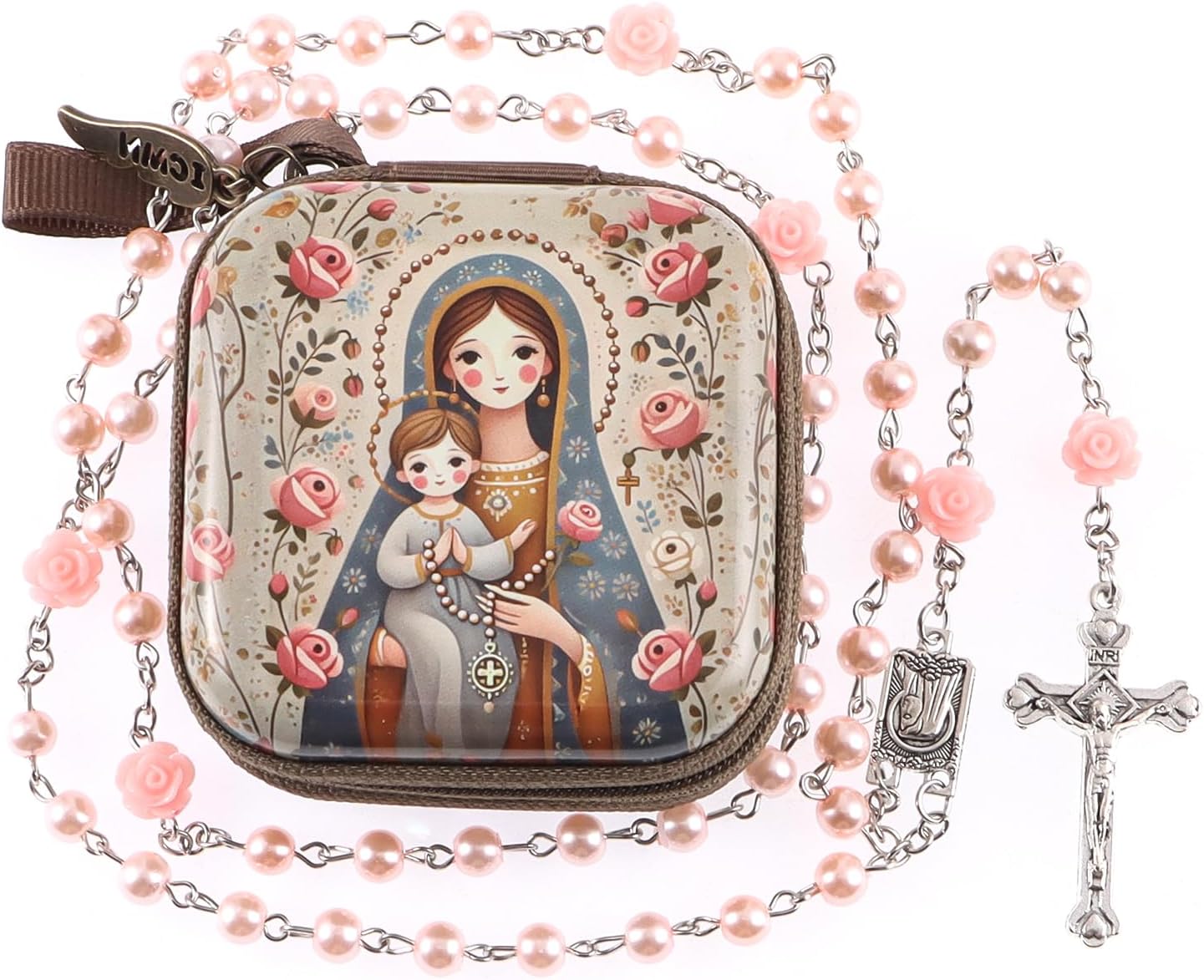 Rosary Beads Catholic for Women With Rosary Box, Pink Beads Rosary with Zipper Vintage Jewelry Box, Anglican Prayer Beads Christian Gifts for Women Catholic Gifts