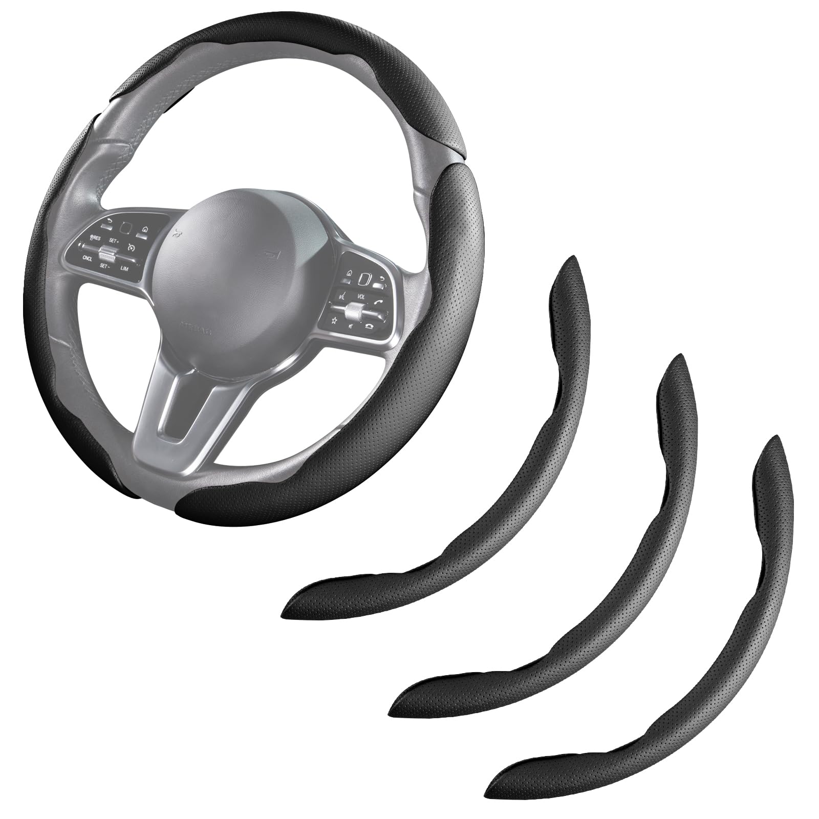 Car Steering Wheel Cover Leather Snap On 3Pcs Set Non-Slip Protector Wrap Steering Wheel Accessories 14.5-15 inch Universal Black
