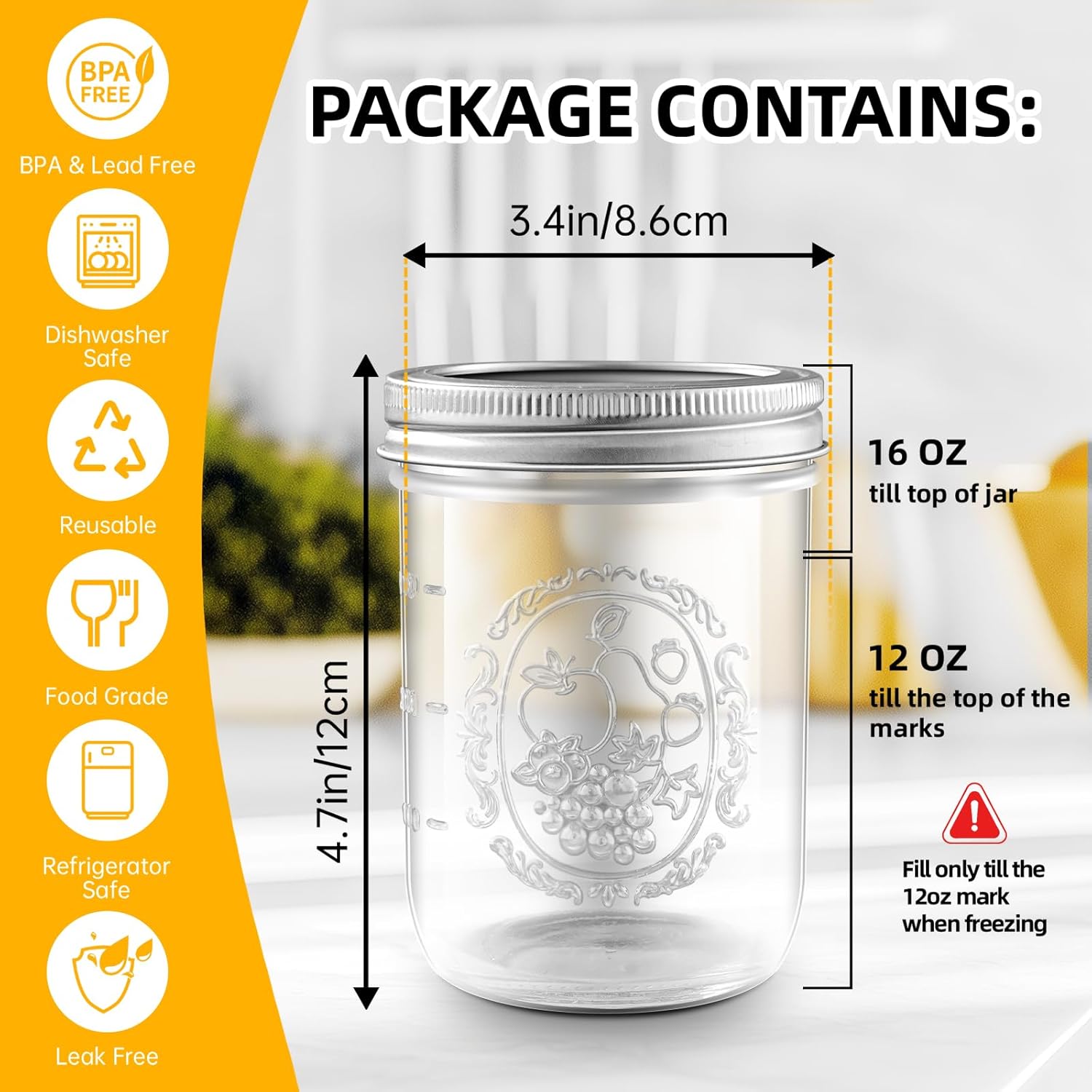 Miuyhji Mason Jars 16 oz with Lids, 9 Pcs Wide Mouth Glass Canning Jars with Airtight Lids and Bands, Overnight Oats Containers for Pickling, Freezing, Preserving, Meal Prep, Jar Décor
