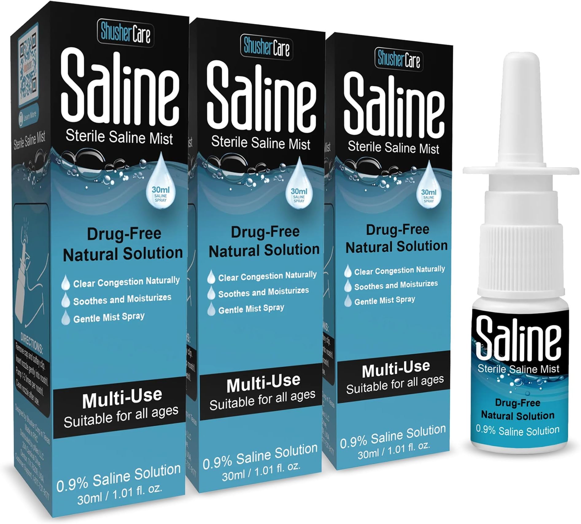 Saline Spray for Nose - Nasal Spray Saline Solution for Newborn, Baby & Adults, Salt Water Decongestant Mist for Stuffy Nose, Travel Friendly, Natural, 0.9% Saline - 30 ml (Pack of 3)